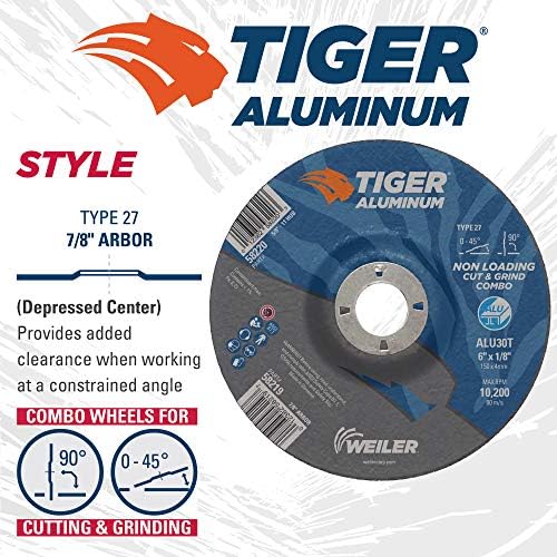 Weiler 58219 6 x 1/8 Tiger Aluminum Type 27 Cut Off/Grind Combo Wheel ALU30T 7/8 A.H. (Pack of 25)