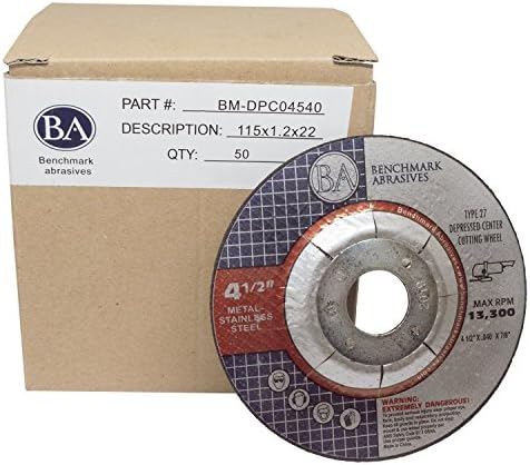 Benchmark Abrasives Grinder Cut Off Wheels 4 1/2 Inch Aluminum Oxide Depressed Center Thin Type 27 for Metals, .040" Thick 7/8" Arbor, Angle Grinder Cutting Disc, Grinding Cutting Wheel - 50 Pack