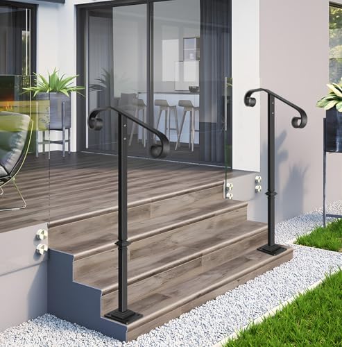 Handrail Railing, Single Post Handrail, Sturdy Outdoor Handrails with Base, Wrought Iron Stair Handrail Fits 1 or 2 Steps, Grab Rail for Steps Porch, Black | Wrought Iron Stair Handrail, Grab Rail for Steps Porch, Sturdy Outdoor Handrails with Base, Black