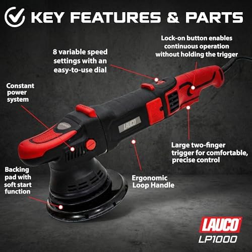 LAUCO Gear Driven Orbital Polisher 1000W with 6-Inch Backing Pad, 6-Speed Variable Control, High Torque Dual Action Polisher for Car Detailing, Paint Correction, Waxing, Buffing & Polishing LP1000