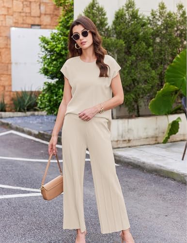 Ekouaer Lounge Sets for Women Two Piece Outfits Knit Cap Sleeve Tops Wide Leg Pleated Pants Casual Dressy Sweater Sets