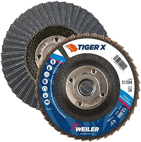 Weiler 51204 Tiger X Flap Disc, Ceramic and Zirconia Alumina, Angled, Phenolic Backing, 36 Grit, 4-1/2", 5/8"-11 UNC Nut (Pack of 10)