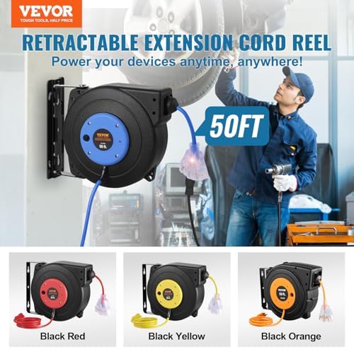 VEVOR Retractable Extension Cord Reel, 50 FT, Heavy Duty 14AWG/3C SJTOW Extension Power Cord with Lighted Triple Tap Outlet, 13A Circuit Breaker 180° Swivel Bracket for Ceiling or Wall Mount, Blue
