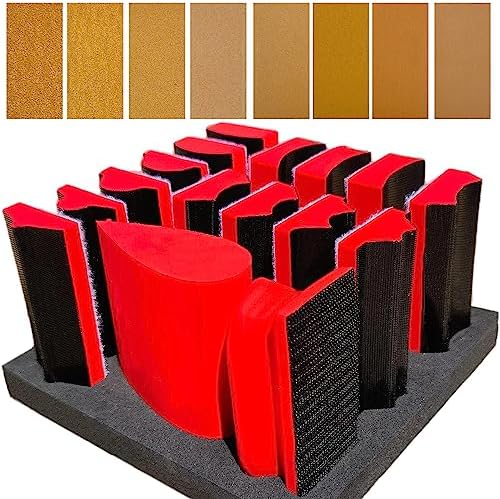 16-Piece Contoured Profile 4" Hand Sanding Block Set with 40 Sheet Hook & Loop Sandpaper Kit - Interchangeable Assorted Convex & Concave Shapes for Woodworking Furniture, Auto Paint and Crafts