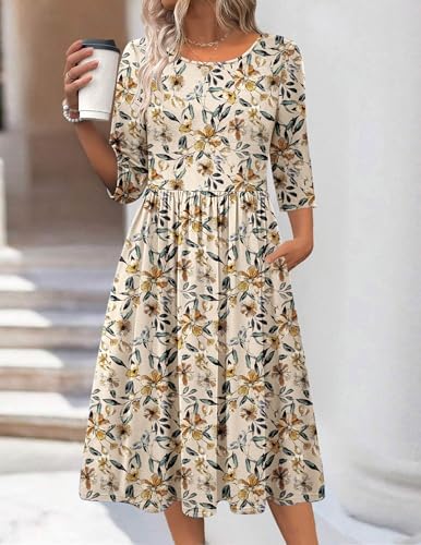 Zeagoo 3/4 Sleeve Women's Dress Casual Aline Summer Fall Midi Long Dresses