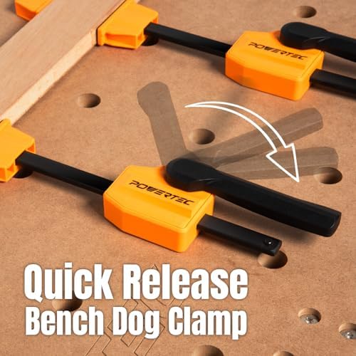 POWERTEC Bench Dog Clamps w/Bench Pucks Work Grippers Finishing Cone Fits 3/4" Dog Hole on Work Bench & T Track for Sanding, Routing, Finishing, Painting & Woodworking Tools (72241)