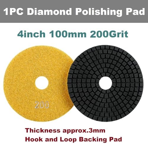 Diamond Polishing Pad, 4 inch 100 mm 200 Grit Sanding Discs for Grinder & Polisher, Hook and Loop Backing Pad for Grinding Buffing Granite Marble Concrete Stone (1 Piece)