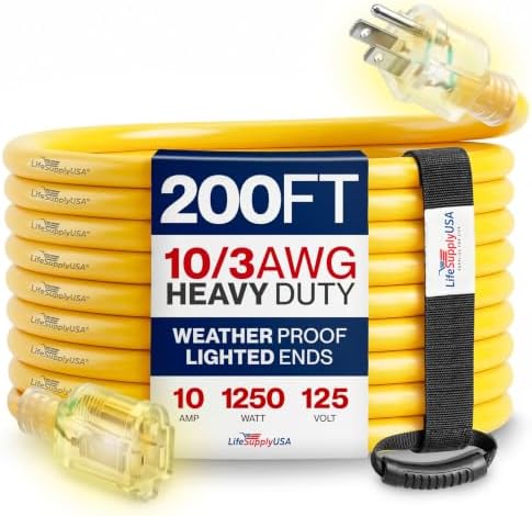 200ft Outdoor/Indoor Extension Cord 10/3 Gauge Ultra Heavy Duty 3 Prong SJTW, Waterproof, Flexible Cold-Resistant Long Power Cord,10A 125V 1250W, Yellow by LifeSupplyUSA