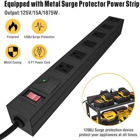 YYR Heavy Duty Power Tool Organizer with Charging Station, Cordless Drill Hanger Storage Rack, Battery Tools Holder Wall Mount Shelf for Garage - 32 Inch Equipped with Surge Protection Power Strip