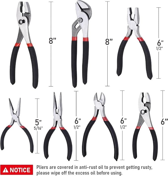 7-Piece Utility Pliers Set,Slip Joint,Long Nose,Diagonal,Groove,Linesman | Drop-Forged Heat-Treated Steel; Non-Slip Ergonomic Dipped Handle; Rust-Resistant Protective Finish
