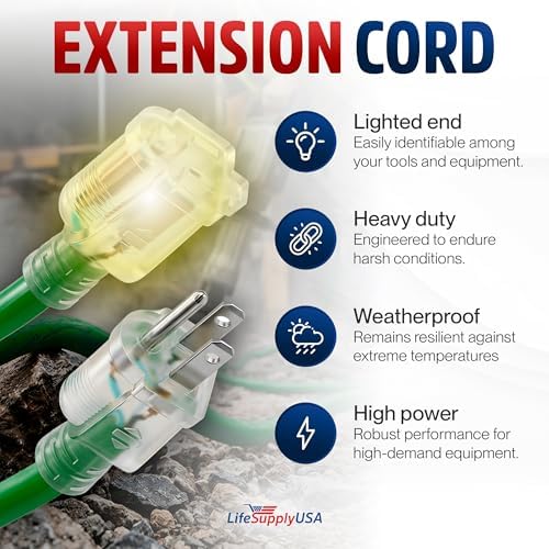 50ft Outdoor/Indoor Extension Cord 10/3 Gauge Ultra Heavy Duty 3 Prong SJTW, Waterproof, Flexible Cold-Resistant Long Power Cord,15A 125V 1875W, Green by LifeSupplyUSA