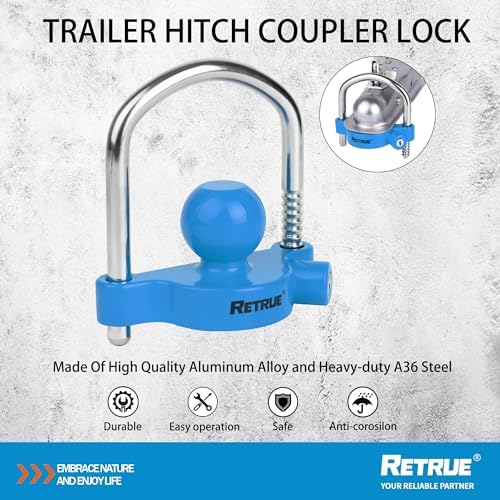 RETRUE Universal Trailer Coupler Lock, Adjustable Hitch Ball Lock, Blue