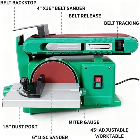 Benchtop Belt and Disc Sander - 4x36 Inch Belt & 6 Inch Disc, 120V/60Hz, Adjustable 0-90° Tilt & 0-45° Bevel Table, Quick-Change Sandpaper for Woodworking & Metalworking, Green (Model 1)