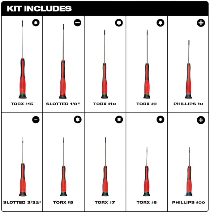 10pc 48-22-2612 for Milwaukee Precision Screwdriver Set Red/Black - Chrome Plated