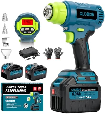 21V Cordless Heat Gun, Max 1004℉ Digital LCD Display Hot Air Gun with 2 x 6.0Ah Batteries and 4 Nozzles, Portable Heat Gun with LED Light, Pistola De Calor for Shrink Tubing, Vinyl Wrap, DIY