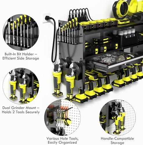 KSVO Power Tool Organizer Wall Mount with Drill Holder, Grinder Bracket, Hammer and Pliers, Locking Drawer, 6-Outlet Charging Rack - Heavy Duty Metal Tool Storage Garage, Workshop (Yellow)