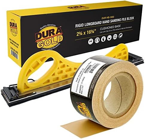 Dura-Gold Pro Series Longboard Hand Sanding File Sander Block - Hook & Loop Backing and PSA Backing Adapter Pad & 600 Grit PSA Longboard Sandpaper 12 Yard Roll, 2-3/4" Wide