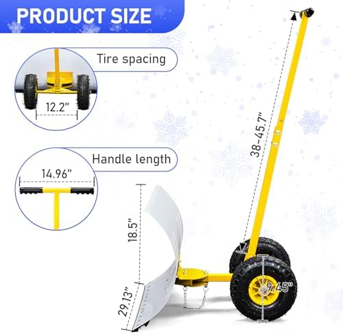 VINGLI Snow Pusher Shovel with Wheels, 29" Adjustable Ergonomic T-Handle Snow Plow for Driveway, Heavy Duty Wheeled Rolling Shovels for Snow Removal, Angle Adjustable (White & Yellow) (29"x18")