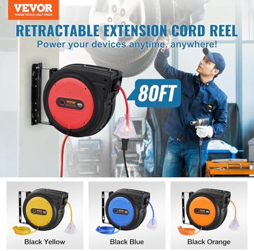 VEVOR 80FT Retractable Extension Cord Reel, Heavy Duty 12AWG/3C SJTOW Cord