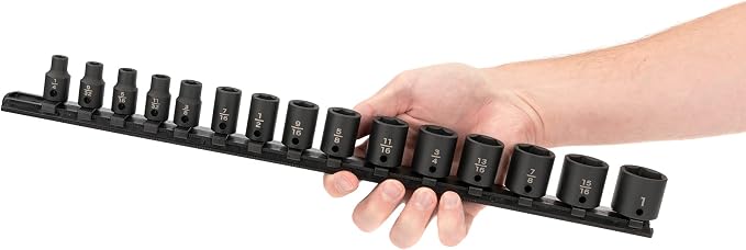 TEKTON 3/8 Inch Drive Impact Socket Set, 15-Piece | SID91104 | (1/4 - 1 in.), Shallow, 6-Point, Socket Rail