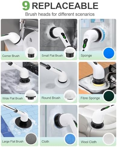 Cordless Electric Spin Scrubber, 9 Brush Heads, 2-Speed Motor