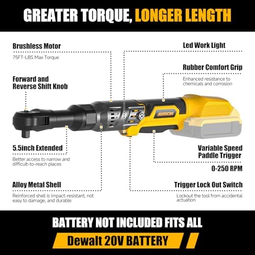 3/8" Cordless Ratchet Wrench for DeWalt 20V, 75 Ft-lbs(102N.m)