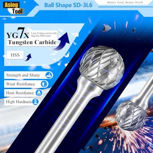 SD-3L6 Tungsten Carbide Burr Lengthened Rotary File Ball Shape Double Cut for Die Grinder Drill Bits 1/4'' Inch Diameter of Shank and 3/8'' Inch Diameter of Cutter 15/47'' Inch Cutter Length