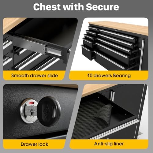 72" Rolling Tool Chest, Heavy-Duty Tool Box with Power Outlet, Tool Cabinet with 10 Drawers, Rubber Wood Workbench with Key Locking System Drawer Liners for Garage Warehouse Repair Shop