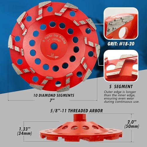 7" Diamond Grind Wheel 10 S Seg Concrete & Coating 5/8"-11 Threaded Arbor