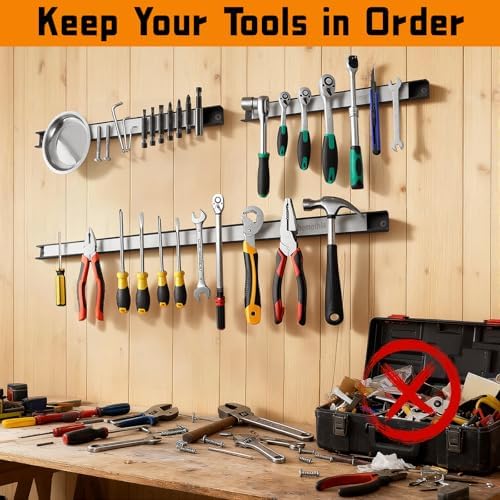 24" Magnetic Tool Holder Strip, 6 Pieces Silver Metal Tool Organizer Rack with Stainless Steel Surface, Magnet Bar for Garage Workshop, Easy To Install with Mounting Screws