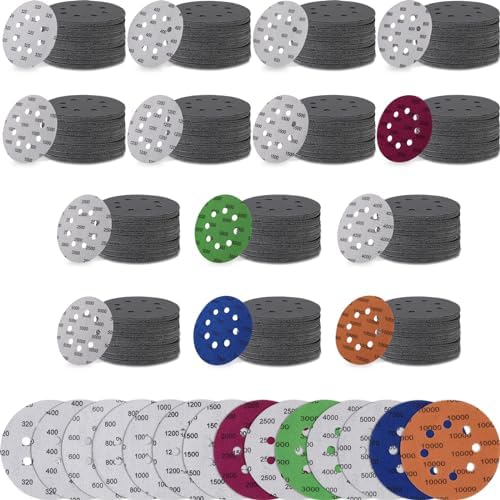 200 Pcs Sandpaper 5 Inch 8 Holes Hook and Loop Wet Dry Sanding Discs Assorted Grits 320 400 600 800 1000 1200 1500 2000 2500 3000 4000 5000 7000 10000 Orbital Sander Pads for Polishing
