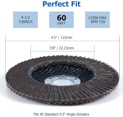 40 Pack 4.5" x 7/8" Premium Calcined Alumina Flap Disc, 60 Grit Type 29, 4 1/2 for Angle Grinder, Flap Sanding Disc for Stainless Steel, Metal, Wood