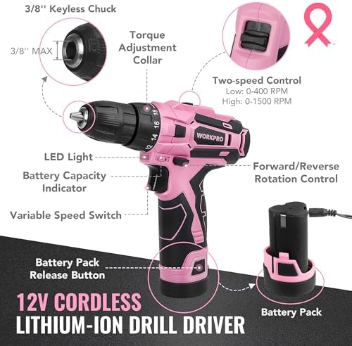 WORKPRO 12V Cordless Pink Drill Set for Women, Home Tool Kit with Tool box
