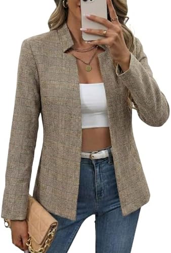Mina Self 2026 Fall Women's Open Front Tweed Blazer,Plaid Fitted Jacket