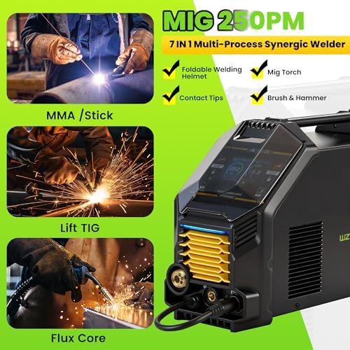 250A MIG Welder Gas, Mutil-process Aluminum MIG Welder with Clear LCD Display Gas MIG/Flux Core MIG/Lift TIG/ARC/Spot/Spool Gun 6 In 1 Wire Welder, 45° Beveled