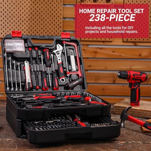 Drill Tool Set：Tool Kit with 12V Power Cordless Drill Hand Repair Tools Box with Drill, Home Tool Kits for Men & Women, Hand Drill Set Perfect for Homeowner, Diyer, Handyman - Red