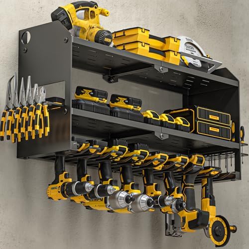 YYR Power Tool Organizer Wall Mount, Cordless Drill and Battery Holder, Electric Tools Hanger Storage Rack, Garage Organization Floating Shelf - Metal, Black