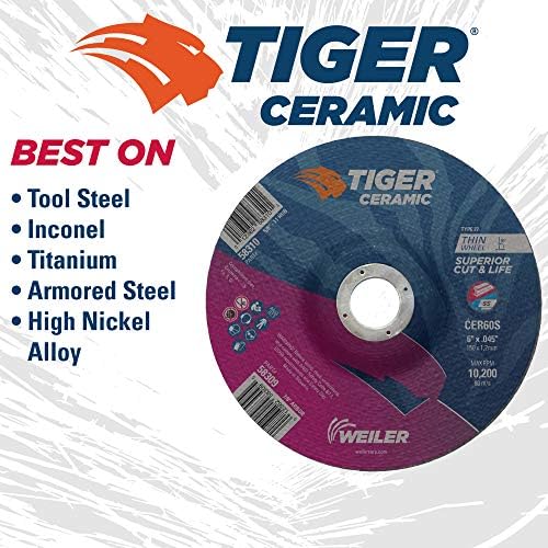 Weiler 58309 6 Inch Cutting Wheel, Tiger Ceramic Stainless Steel Superior Life & Cut Contaminant Free Max Performance Cutting, .045" CER60S Type 27 7/8" Arbor, Pack of 25