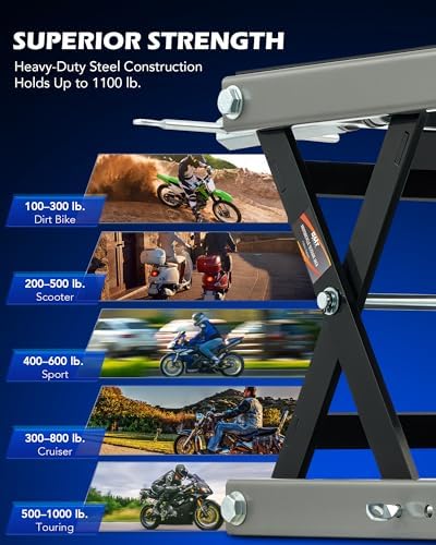 OMT Motorcycle Lift, 1100lb Scissor Jack Stand for ATV Dirt Bike Cruiser | Wide Deck Motorbike Center Stand; Crank Hoist T Handle And 3/8 Inch Socket; 3.7 To 14.6 Inch Lift; 5 Lock Holes; Chain Brush
