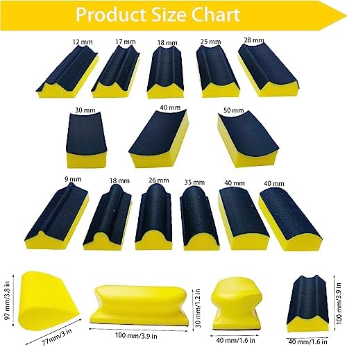 56 PCS Hand Sander Blocking Kit- 16 PCS Hand Sanding Block Set + 40 Sheet Hook & Loop Sandpaper Kit - Interchangeable Assorted Convex & Concave Shapes for Moldings, Baseboards, Woodworking