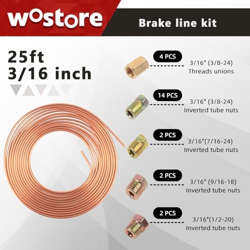 Wostore 25FT 3/16" Copper Coated Brake Line Kit & Flaring Tool, 24 Fittings
