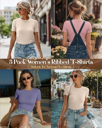 Ficerd 3 Pack Women's Ribbed Short Sleeve T-Shirts