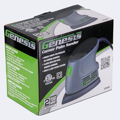 Genesis Detail Palm Sander with Palm Grip, Vacuum Port, Hook-and-Loop System, Dust-Proof Power Switch, and Sandpaper (GPS080)