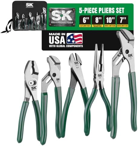 SK Tools USA 5-Piece Pliers Set, Clamping & Cutting Pliers, Roll-Up Pouch | 6" Slip Joint Pliers, 7" & 10" Groove Joint Pliers, 8" Long Nose & Angled Diagonal Pliers, High Carbon Steel, Padded Handle