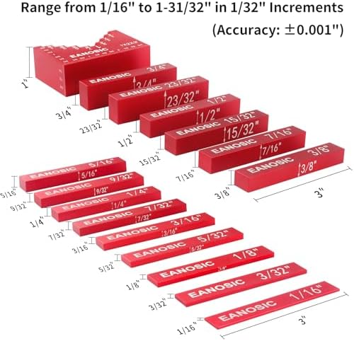 EANOSIC Setup Blocks Woodworking Tools - 16 PCS Height Gauge Block Set with Easy Block, Precision Ruler-Marked Bars - Solid Aluminum Alloy Setup Barsn Saw Gauges for Router and Table Saw Set Up