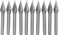 10Pcs/set 1/4 Dia. Pointed Tree Solid Carbide Burrs Heavy Duty Grinding Cutting Heads Chamfering Abrasion Industrial Deburring Rotary Tools for Steels Curved surfaces Slots Holes