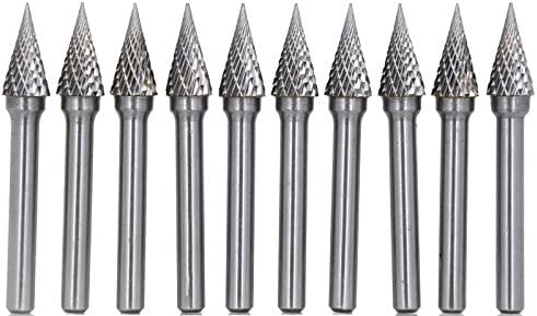 10Pcs/set 1/4 Dia. Pointed Tree Solid Carbide Burrs Heavy Duty Grinding Cutting Heads Chamfering Abrasion Industrial Deburring Rotary Tools for Steels Curved surfaces Slots Holes