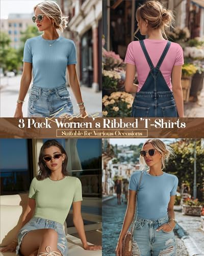 Ficerd 3 Pack Women's Ribbed Short Sleeve T-Shirts