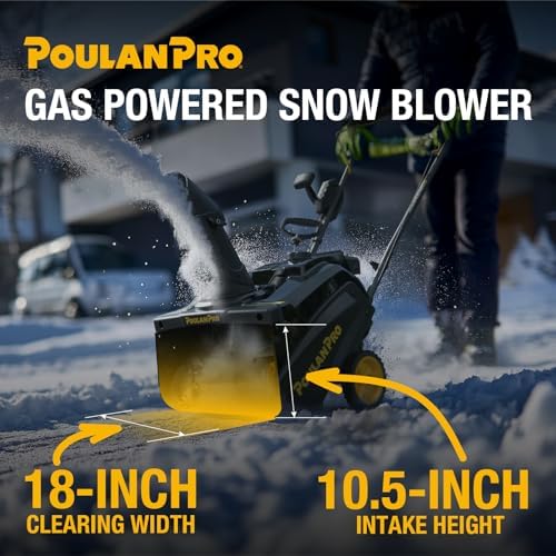 Poulan Pro Gas Snow Blower Single Stage 18 Inch with Electric Start, 190° Remote Chute Control, Lightweight, Compact