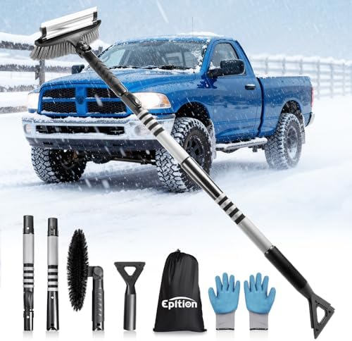 57" Extendable Long Snow Brush with Ice Scraper for Car Truck SUV Van - Soft Squeegee with 270° Pivoting Brush Head for Windshieldand Window - Snow Scraper with Antifreeze Gloves